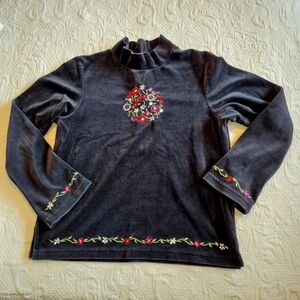Hanna Andersson girls size 160 or 14/16 black mock neck embroidered velour shirt